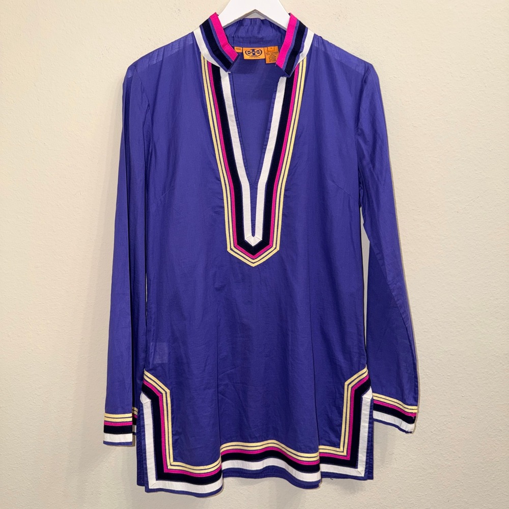 Tory Burch Purple Cotton Tunic Blouse Size 12 Colorblock Kaftan Boho Resort